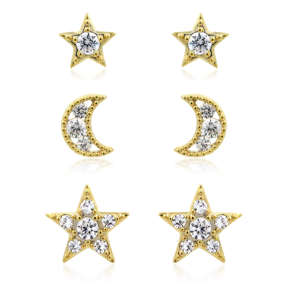 3 Pairs of Starbrust Moon Cubic Zirconia Stud Earrings 